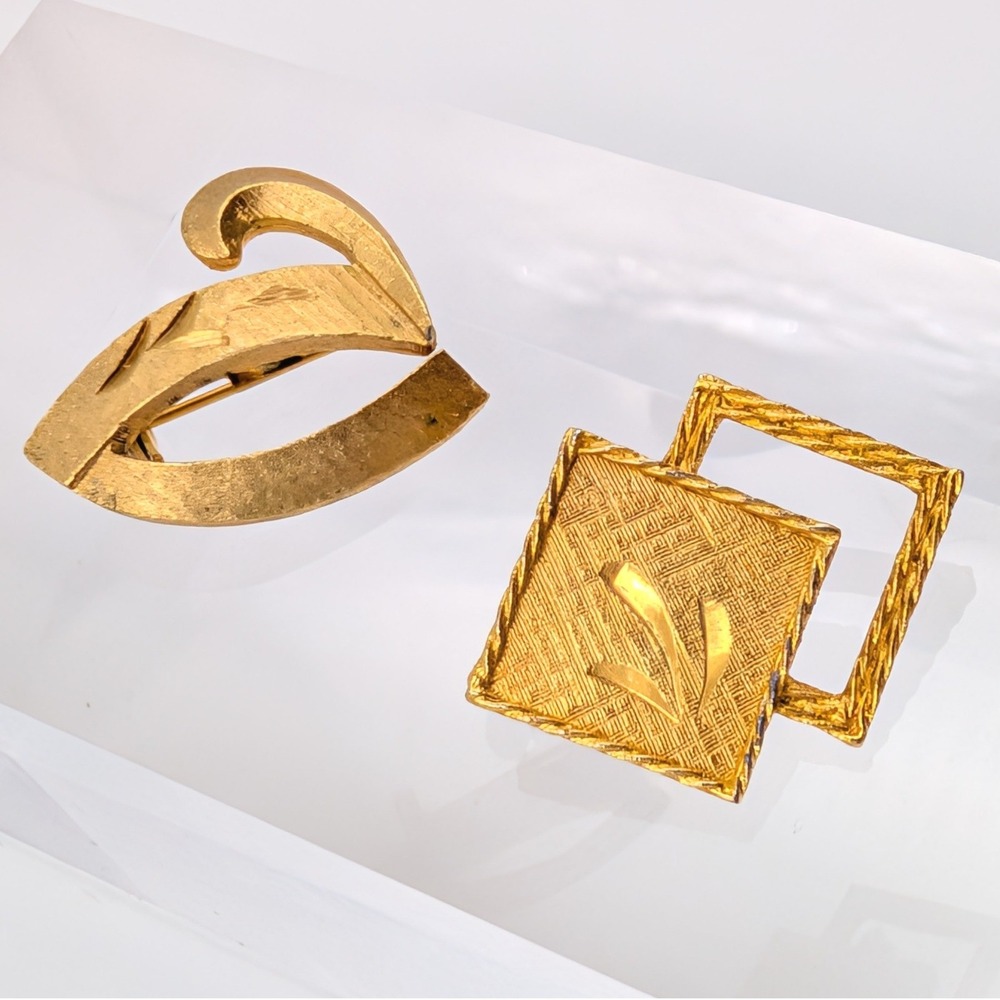 Vintage Mamselle Brooch Set‎ of 2 Gold Tone MCM Abstract and Geometric Textured